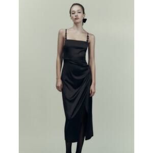 Zara Black Satin Effect Midi / Maxi Dress Gold Chain Spaghetti Straps Medium